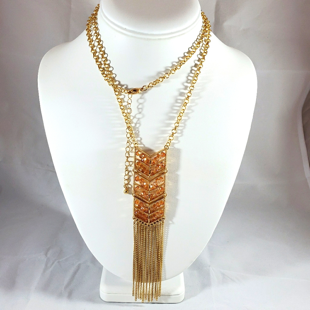 Chevron necklace beaded gold tone tassel 18"